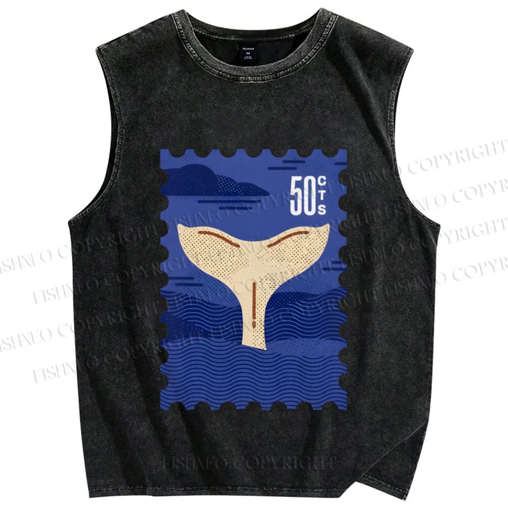 Unisex Sea Whale Vintage Stamp Printed Washed Tank Top