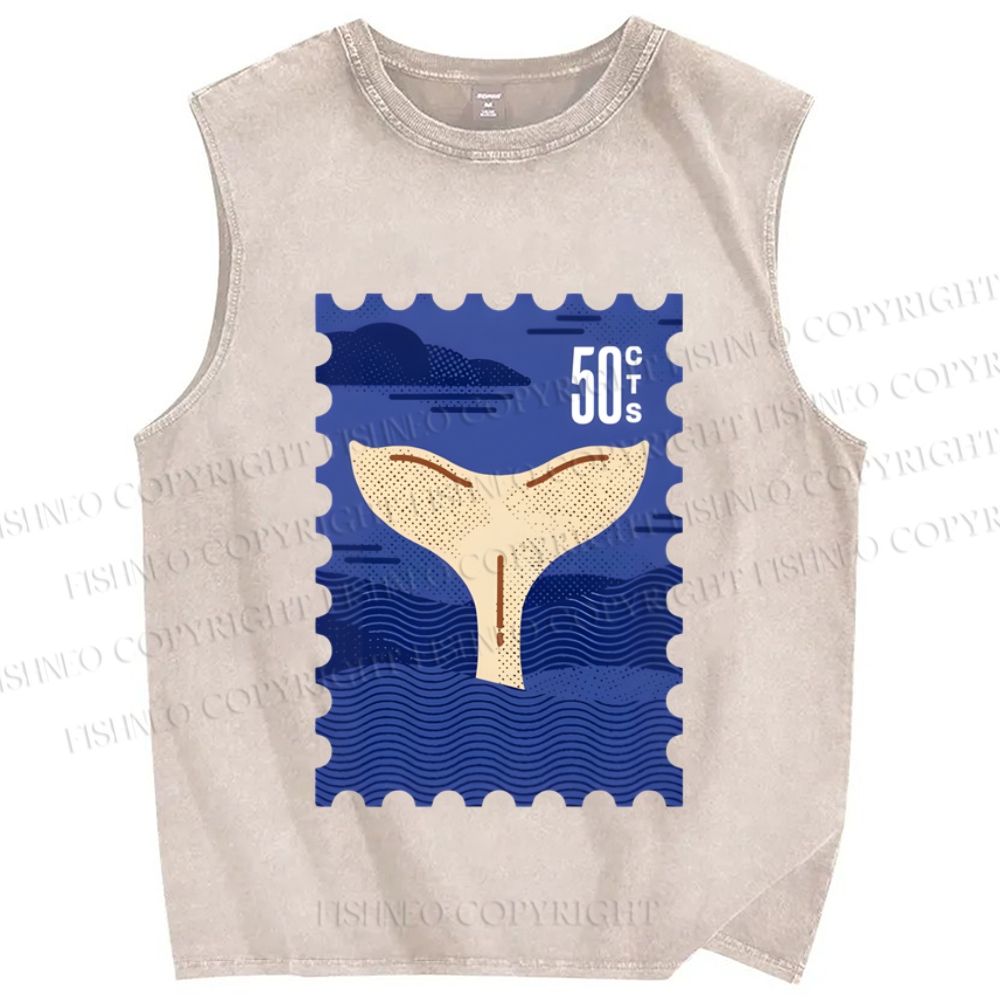 Unisex Sea Whale Vintage Stamp Printed Washed Tank Top