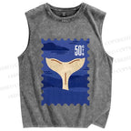 Unisex Sea Whale Vintage Stamp Printed Washed Tank Top