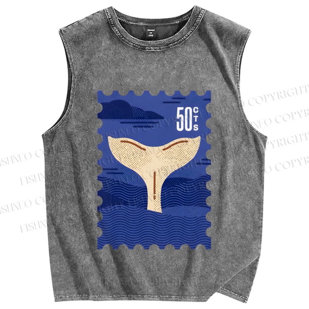 Unisex Sea Whale Vintage Stamp Printed Washed Tank Top