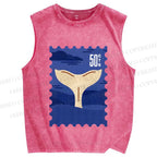 Unisex Sea Whale Vintage Stamp Printed Washed Tank Top