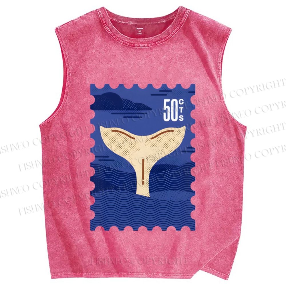 Unisex Sea Whale Vintage Stamp Printed Washed Tank Top