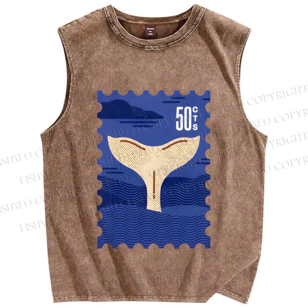 Unisex Sea Whale Vintage Stamp Printed Washed Tank Top