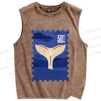 Unisex Sea Whale Vintage Stamp Printed Washed Tank Top