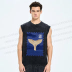 Unisex Sea Whale Vintage Stamp Printed Washed Tank Top