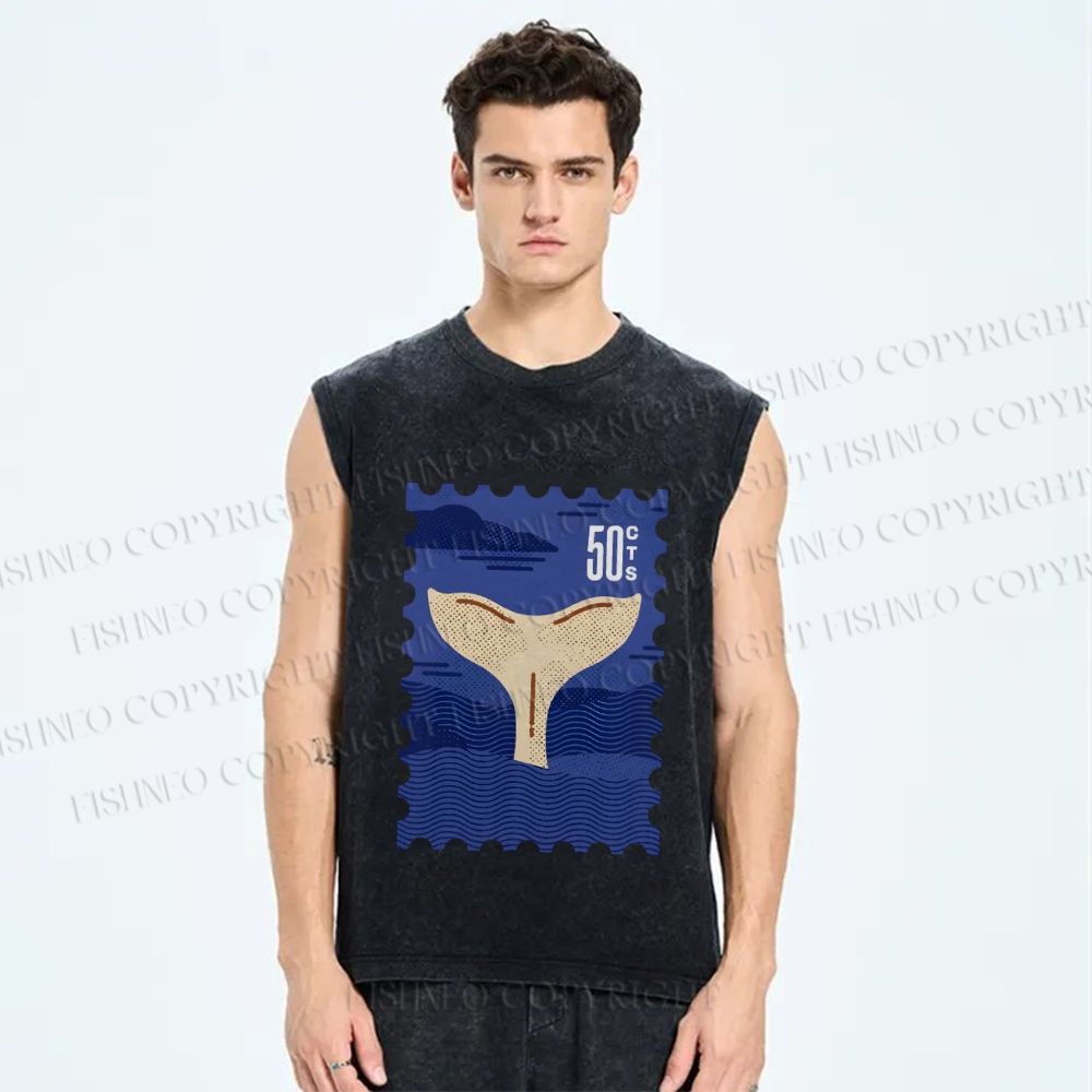 Unisex Sea Whale Vintage Stamp Printed Washed Tank Top