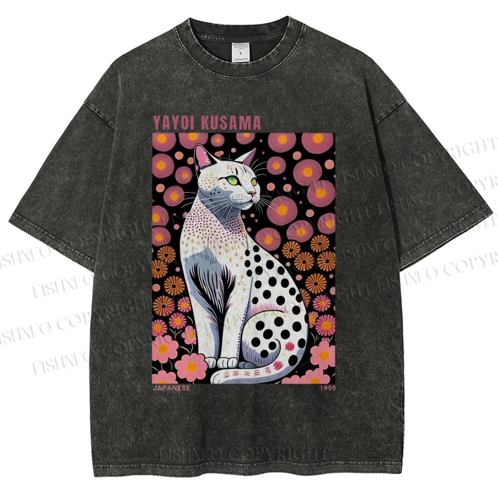 Unisex Yayoi Kusama Cat Printed Washed Tee