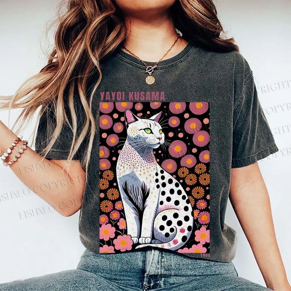 Unisex Yayoi Kusama Cat Printed Washed Tee