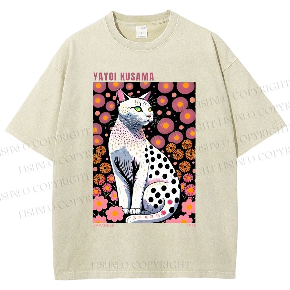 Unisex Yayoi Kusama Cat Printed Washed Tee