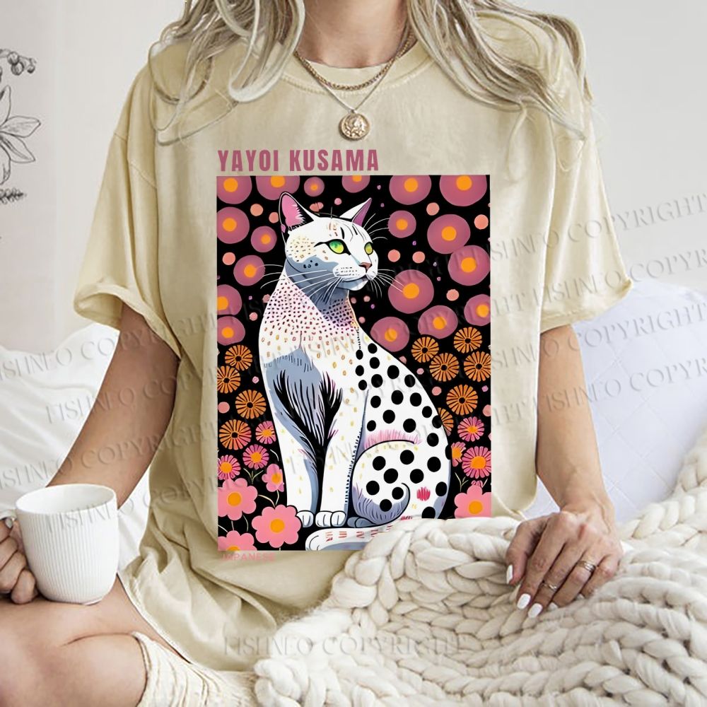 Unisex Yayoi Kusama Cat Printed Washed Tee