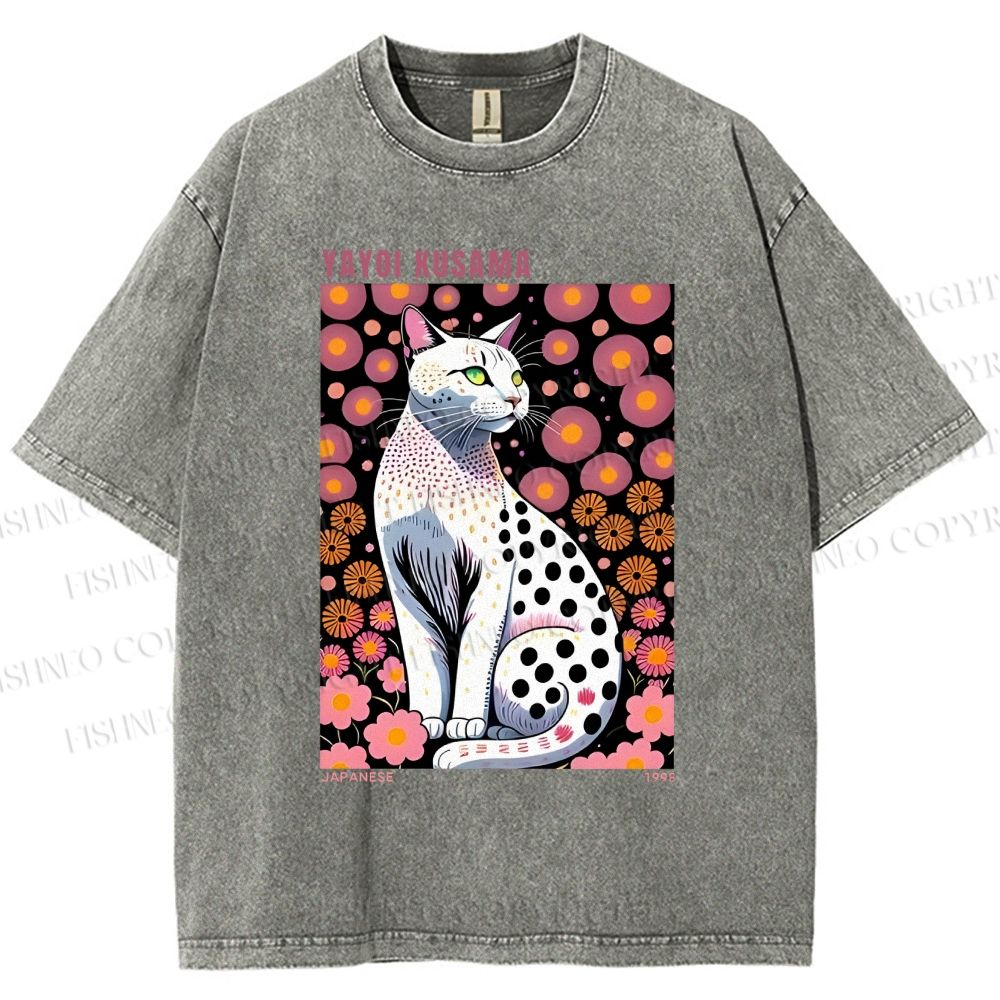 Unisex Yayoi Kusama Cat Printed Washed Tee