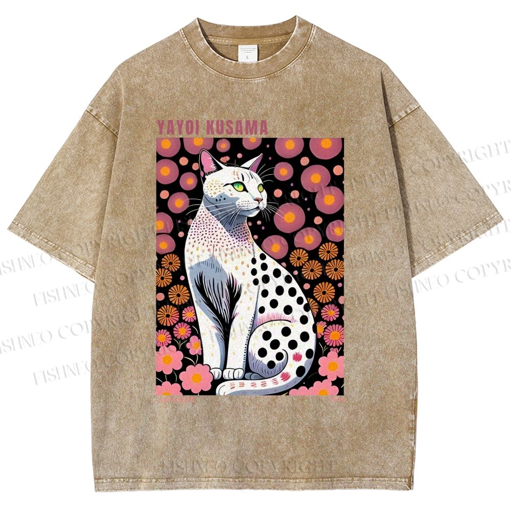 Unisex Yayoi Kusama Cat Printed Washed Tee