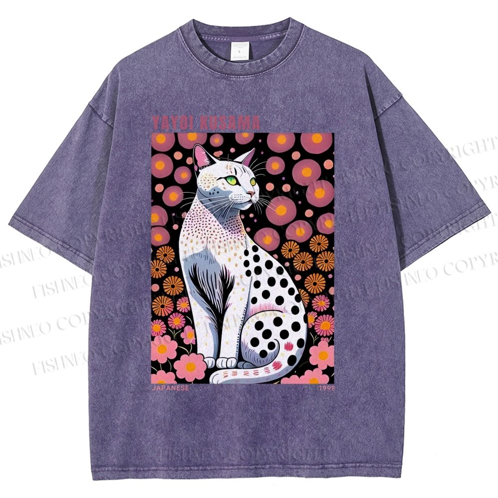 Unisex Yayoi Kusama Cat Printed Washed Tee