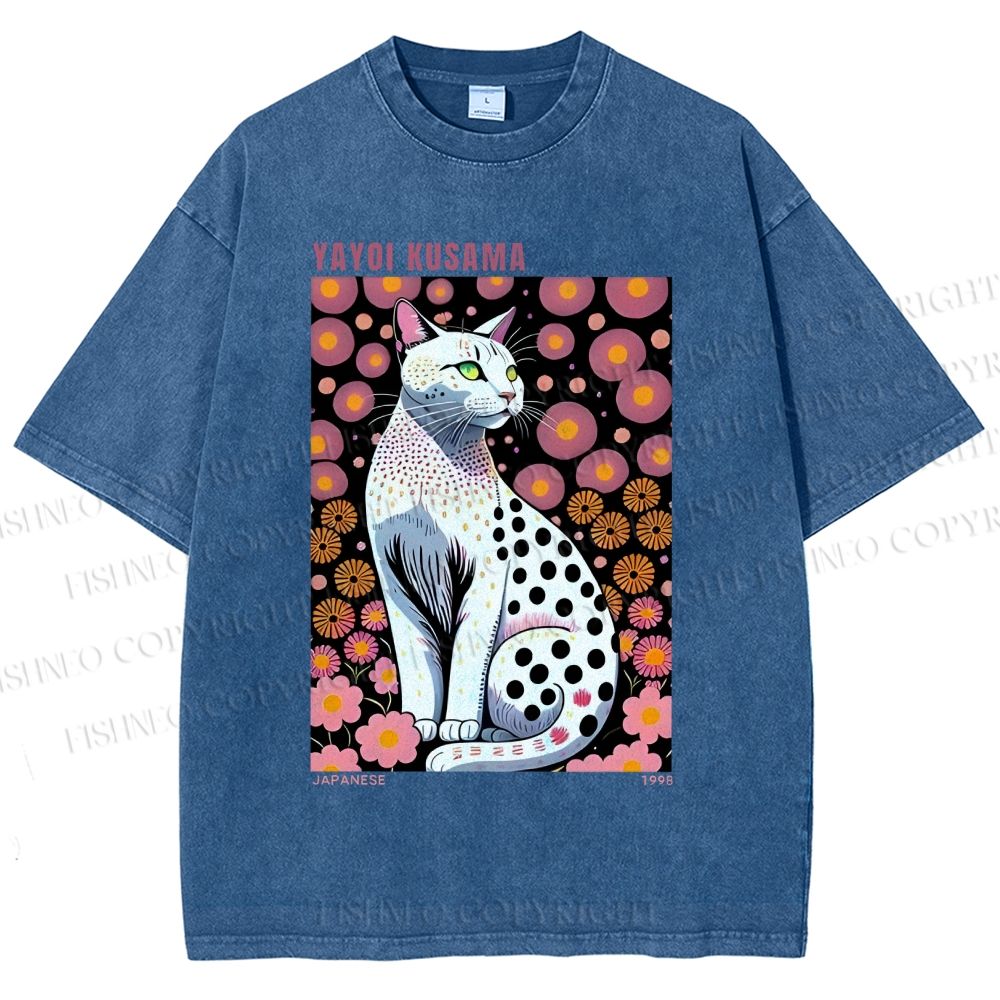 Unisex Yayoi Kusama Cat Printed Washed Tee