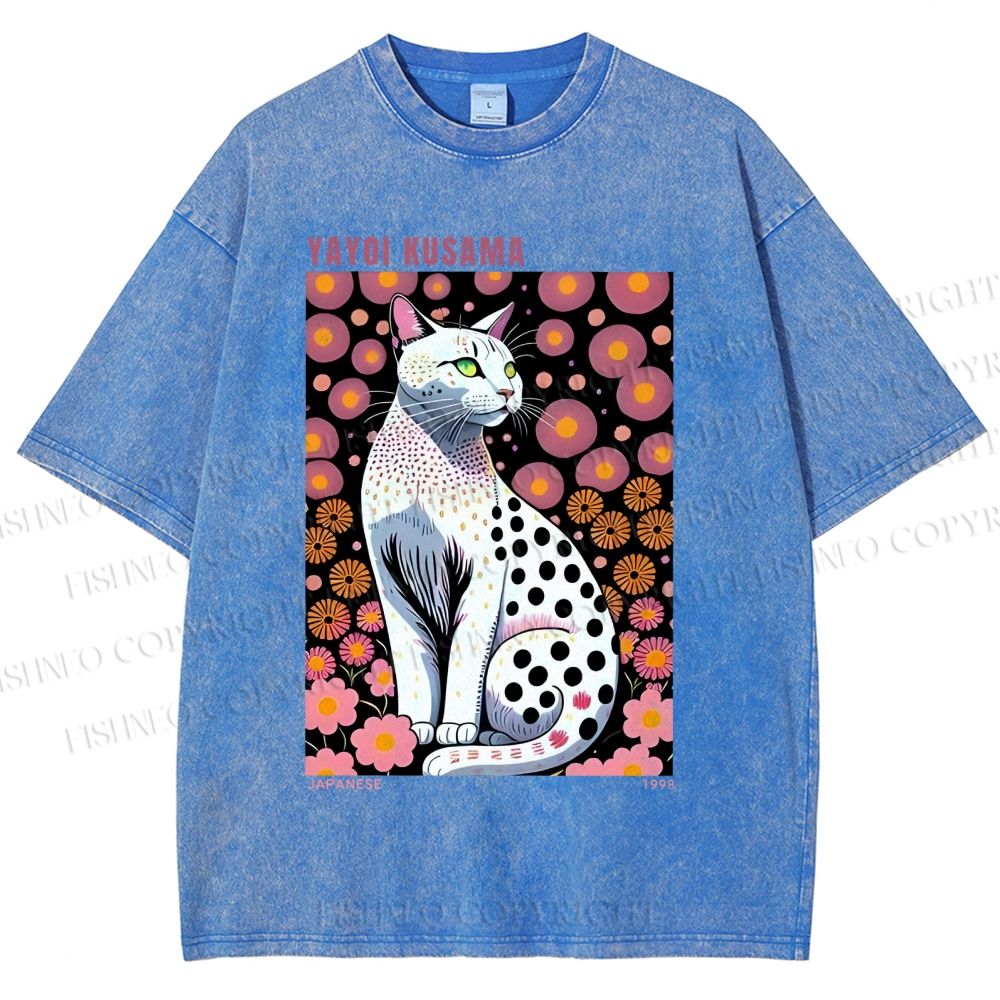 Unisex Yayoi Kusama Cat Printed Washed Tee