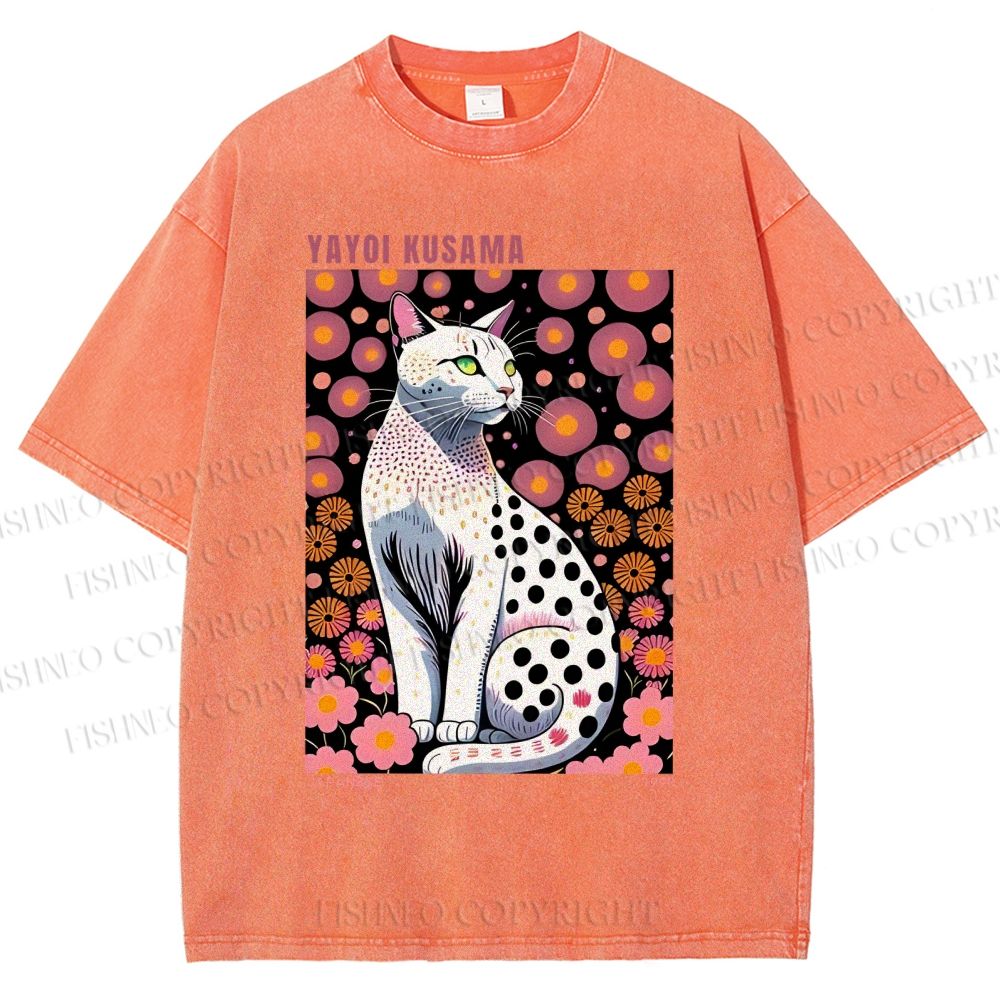 Unisex Yayoi Kusama Cat Printed Washed Tee