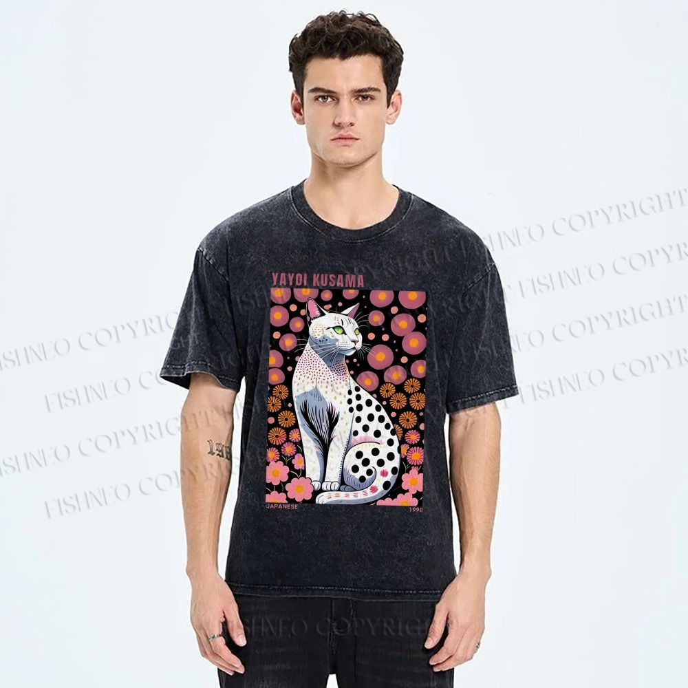 Unisex Yayoi Kusama Cat Printed Washed Tee