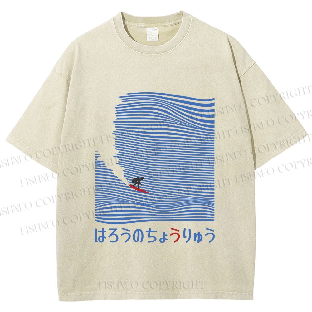 Unisex Japanese Wave Surfing Printed Washed Tee