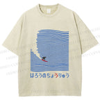 Unisex Japanese Wave Surfing Printed Washed Tee