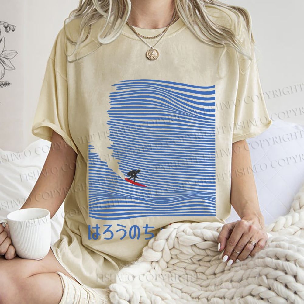 Unisex Japanese Wave Surfing Printed Washed Tee