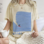 Unisex Japanese Wave Surfing Printed Washed Tee