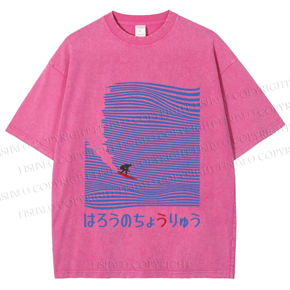 Unisex Japanese Wave Surfing Printed Washed Tee