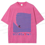 Unisex Japanese Wave Surfing Printed Washed Tee