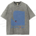 Unisex Japanese Wave Surfing Printed Washed Tee