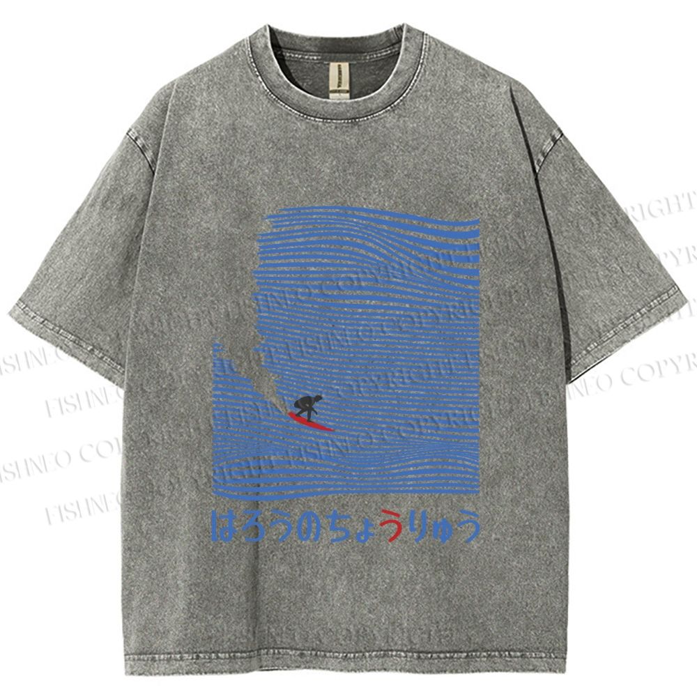 Unisex Japanese Wave Surfing Printed Washed Tee