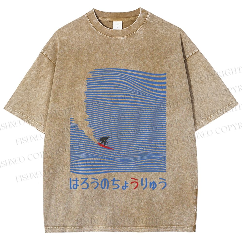 Unisex Japanese Wave Surfing Printed Washed Tee