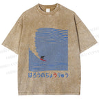 Unisex Japanese Wave Surfing Printed Washed Tee