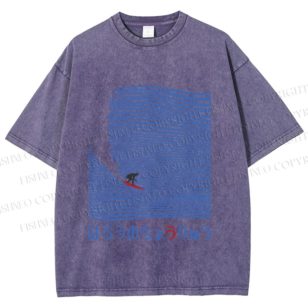 Unisex Japanese Wave Surfing Printed Washed Tee
