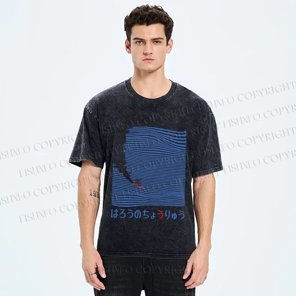Unisex Japanese Wave Surfing Printed Washed Tee