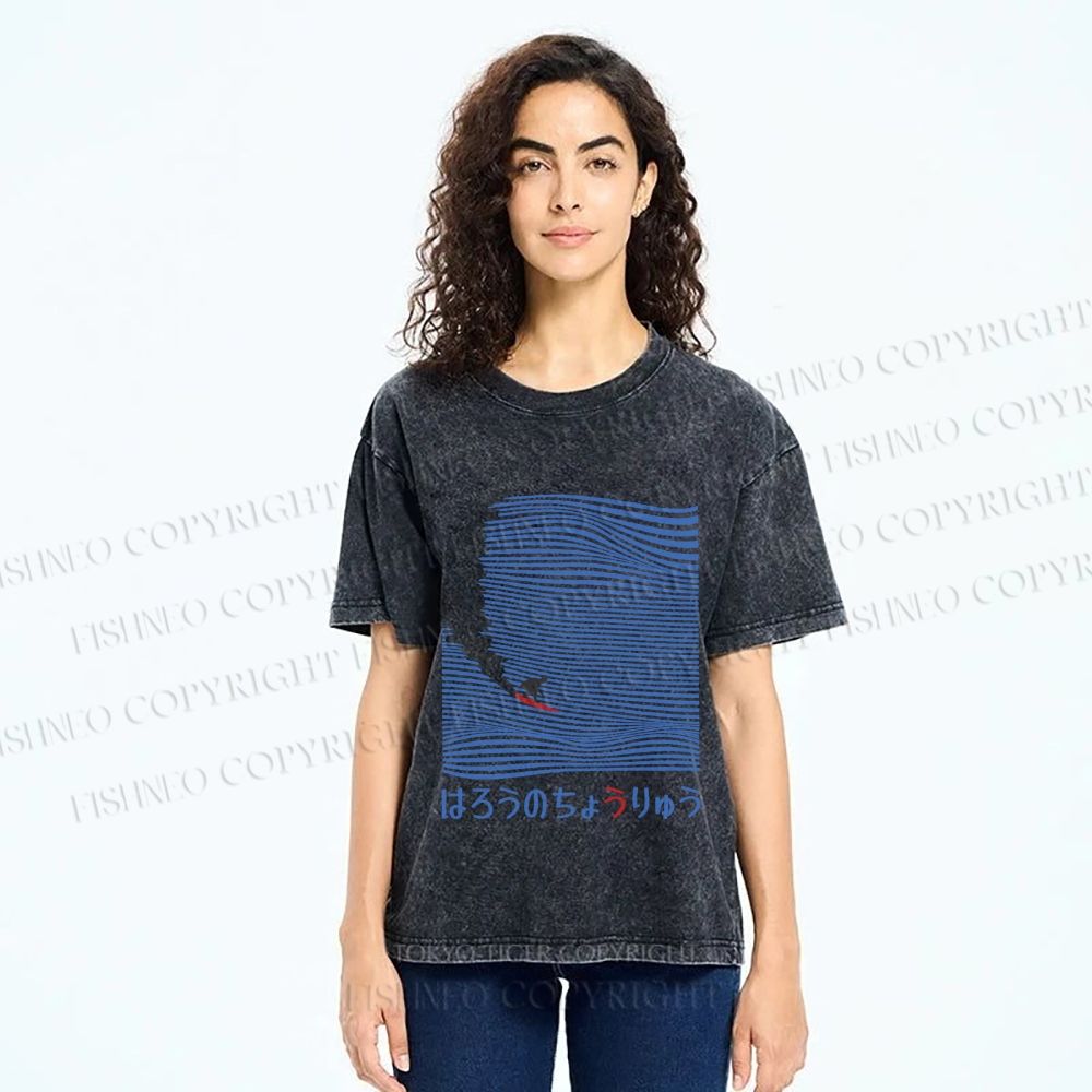 Unisex Japanese Wave Surfing Printed Washed Tee
