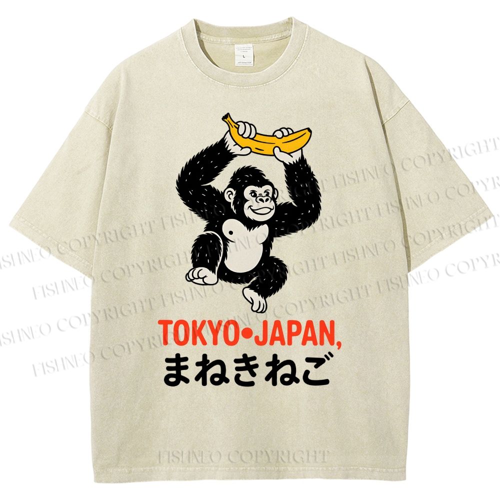Unisex Tokyo Japan Monkey Printed Washed Tee