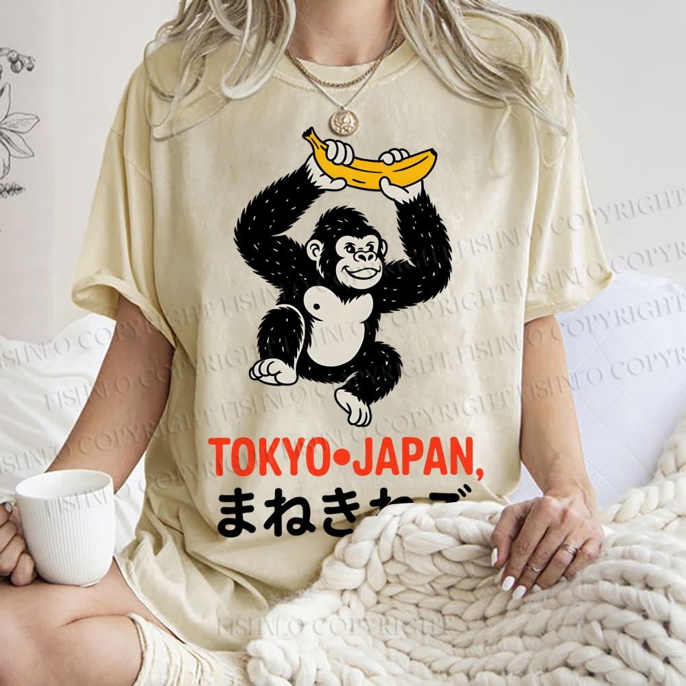 Unisex Tokyo Japan Monkey Printed Washed Tee