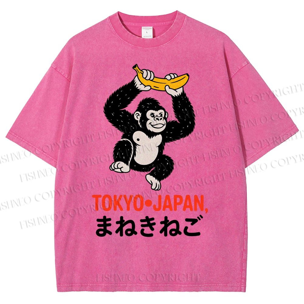Unisex Tokyo Japan Monkey Printed Washed Tee