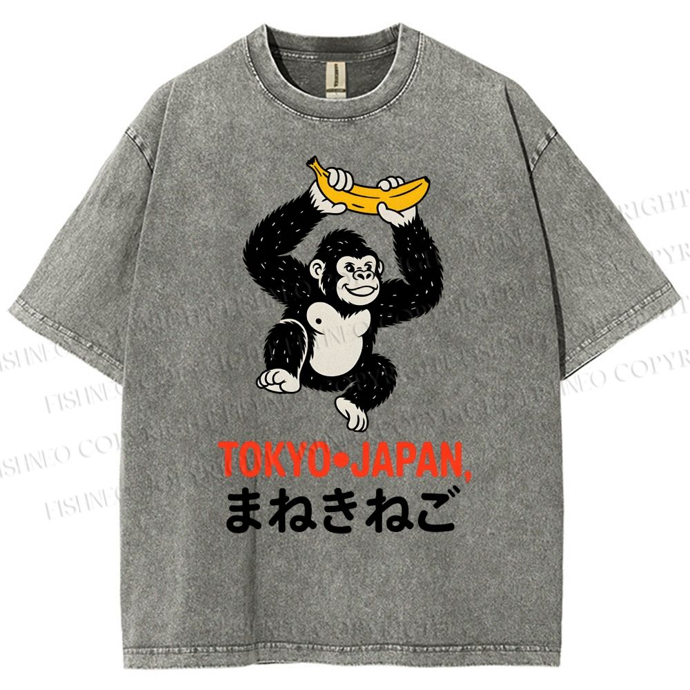 Unisex Tokyo Japan Monkey Printed Washed Tee