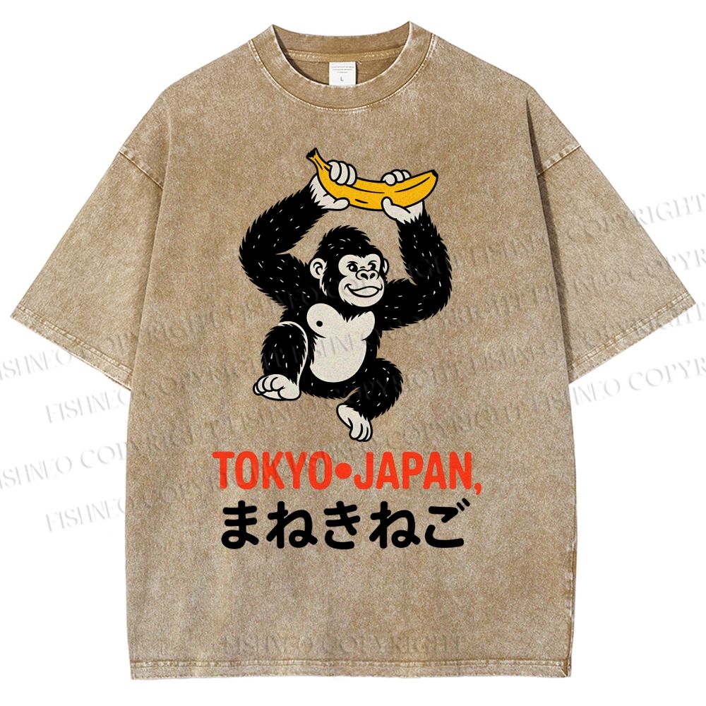 Unisex Tokyo Japan Monkey Printed Washed Tee