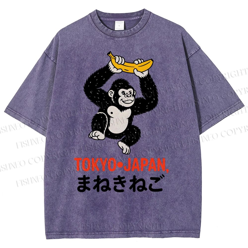 Unisex Tokyo Japan Monkey Printed Washed Tee