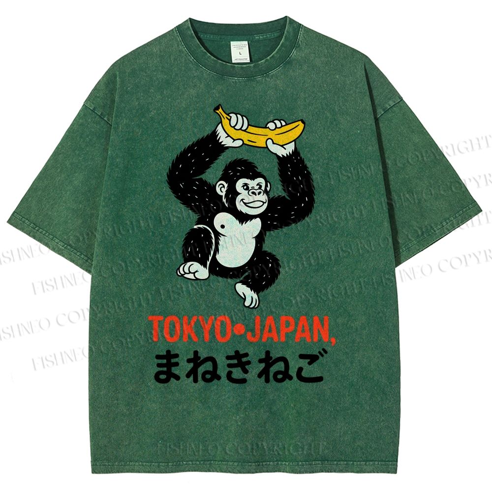 Unisex Tokyo Japan Monkey Printed Washed Tee