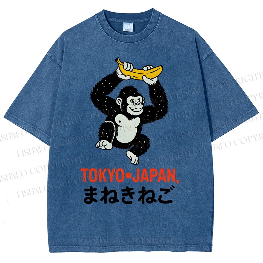Unisex Tokyo Japan Monkey Printed Washed Tee