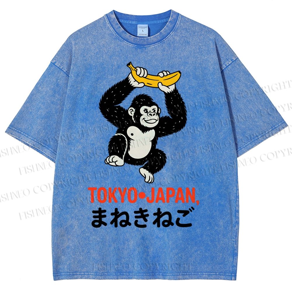 Unisex Tokyo Japan Monkey Printed Washed Tee