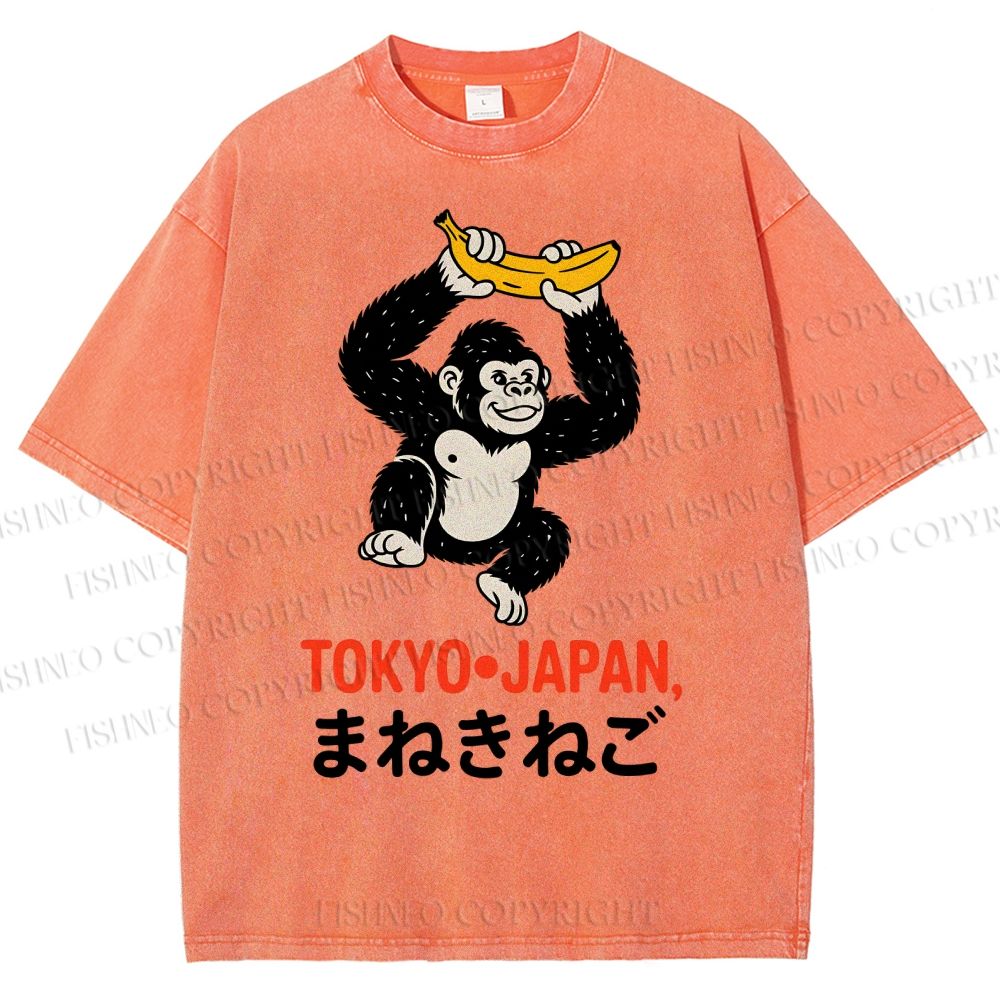 Unisex Tokyo Japan Monkey Printed Washed Tee