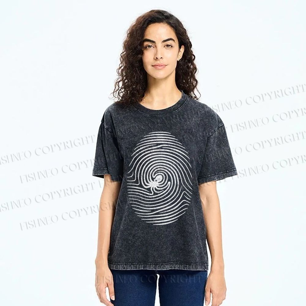 Unisex Fingerprint Octopus Printed Washed Tee