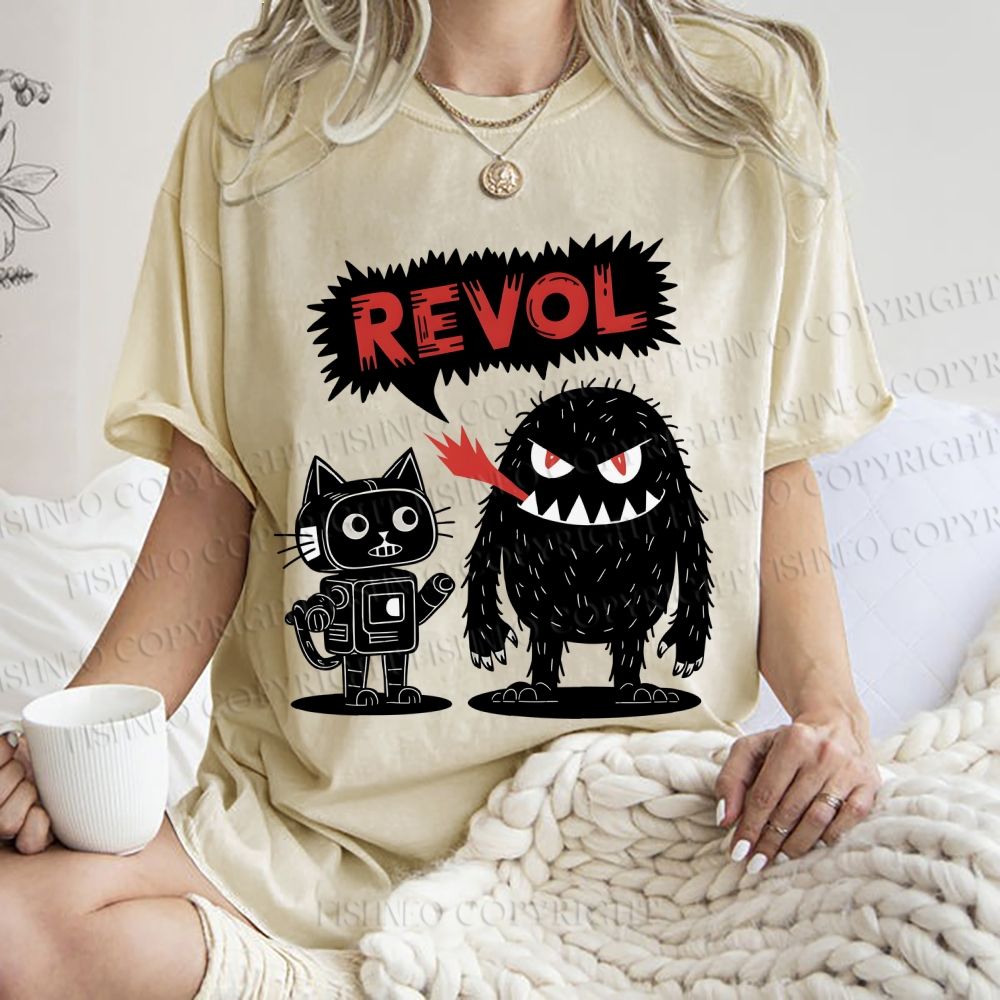 Unisex Cat Monster Printed Washed Tee
