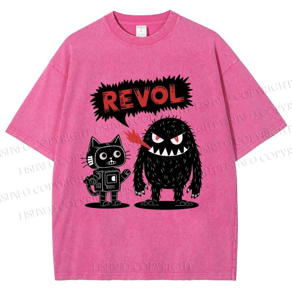 Unisex Cat Monster Printed Washed Tee