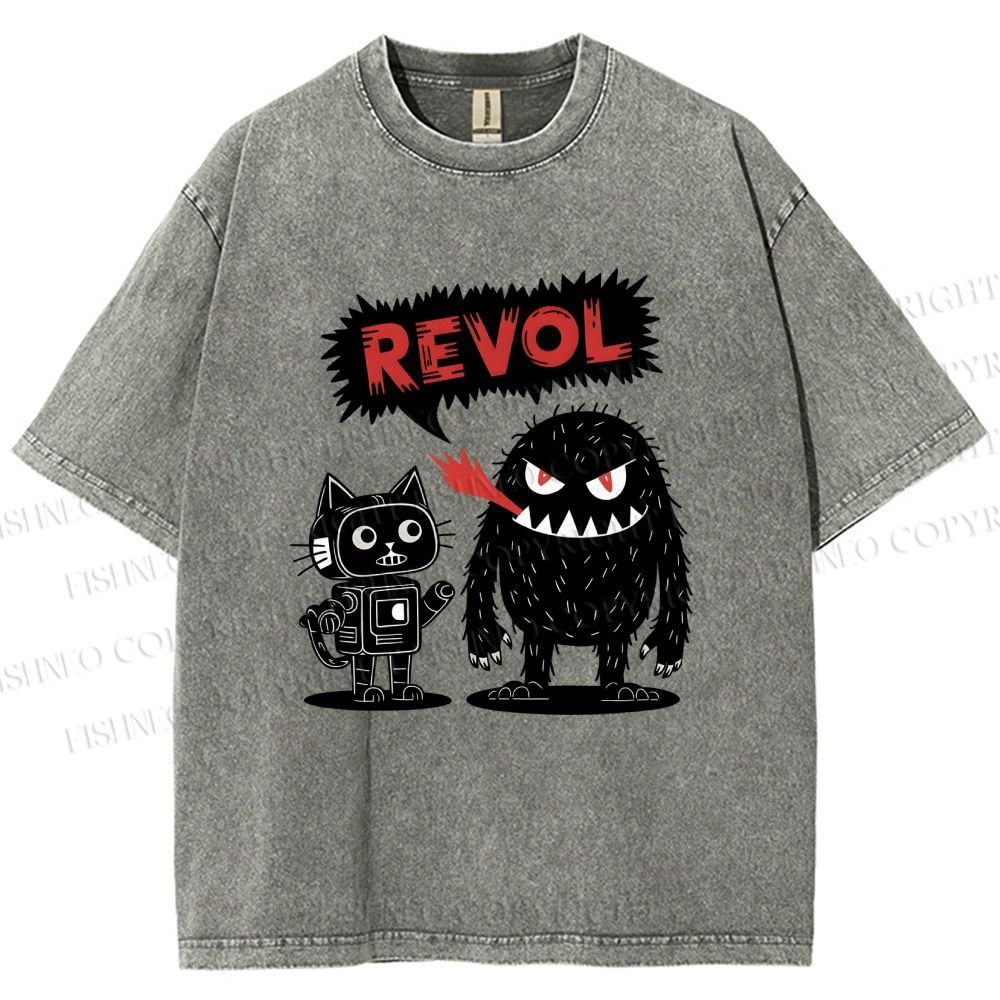 Unisex Cat Monster Printed Washed Tee