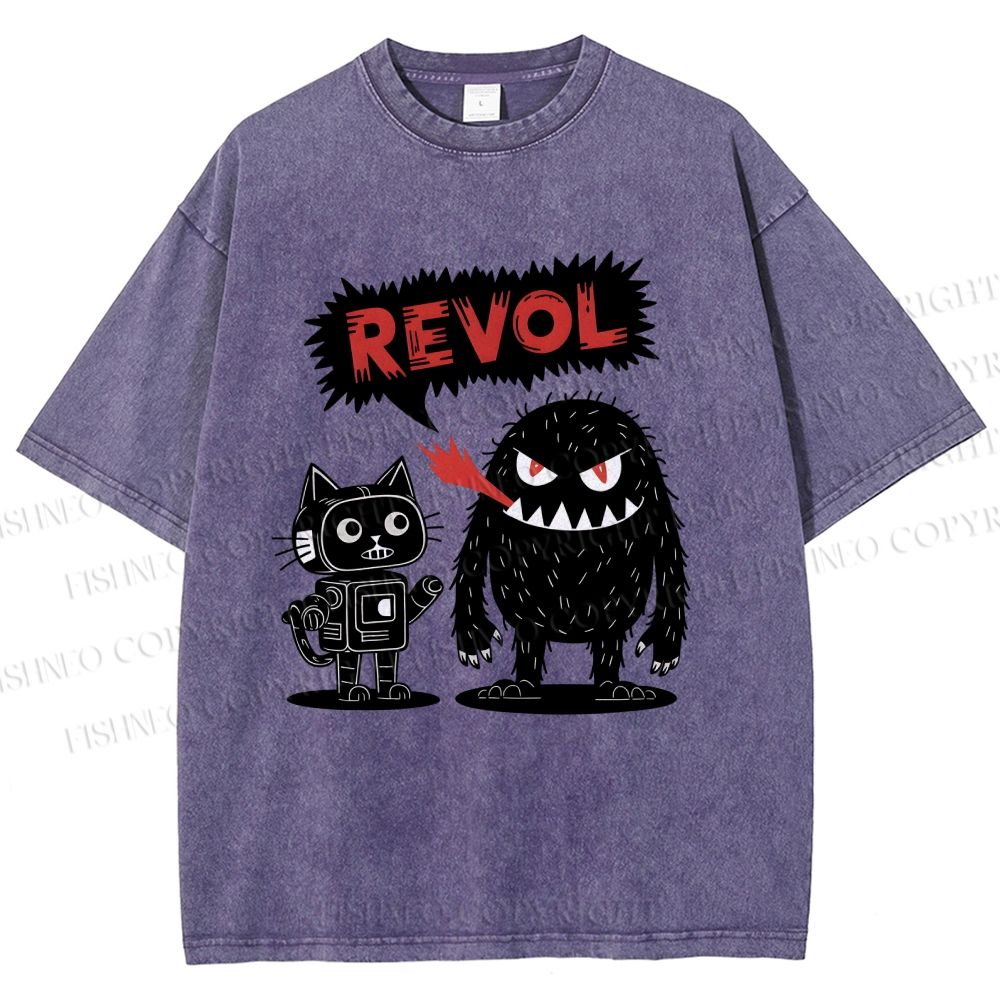 Unisex Cat Monster Printed Washed Tee