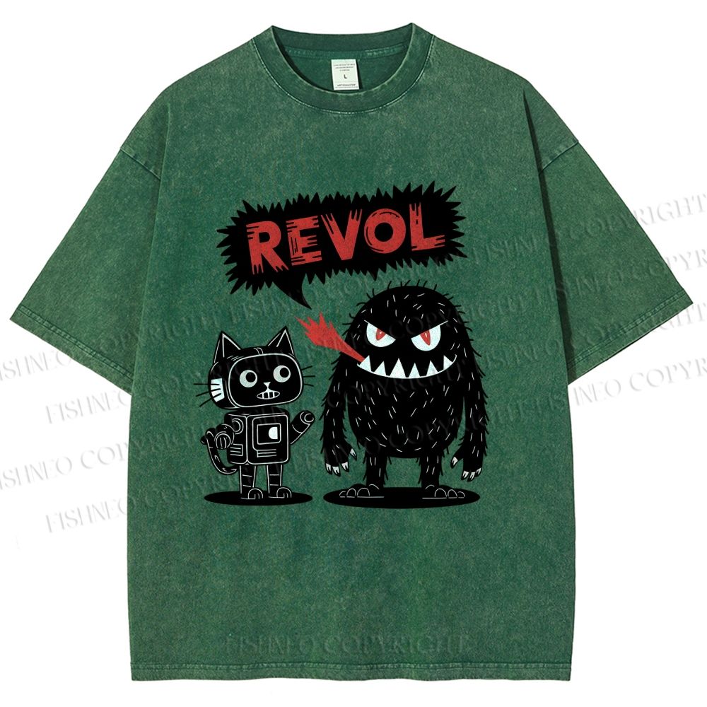 Unisex Cat Monster Printed Washed Tee